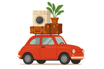 Vintage red car loaded with suitcases, washing machine, and potted plant on roof rack, moving day concept, flat vector illustration, transportation of furniture on white background, side view