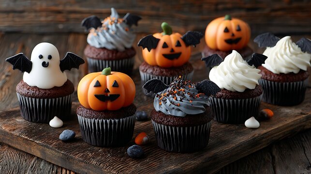 Halloween themed cupcakes decorated with spooky cute pumpkin faces bat wings and ghost candy placed on rustic wood