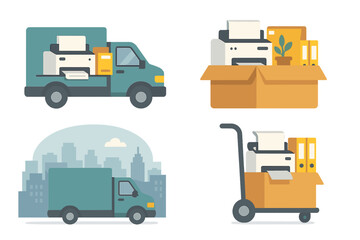 Corporate moving service icon set. Business relocation concept with truck, boxes and office supplies. Vector illustration of company moving to a new office with equipment.
