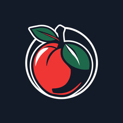 A stylized illustration of a ripe peach with green leaves and a white outline.