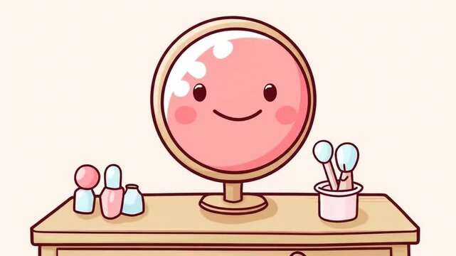 Cartoon vanity table with mirror chair and smiling face for design