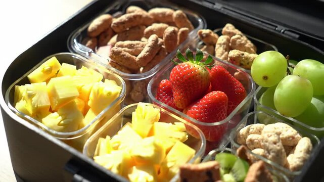 Assorted fruits and snacks in a bento lunchbox, healthy eating