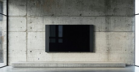 Fototapeta premium Minimalist interior features wallmounted television above concrete console. Rough texture contrasts sleek display. Modern design, neutral tones dominate space.