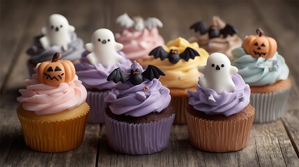 Cupcakes with pastel icing Halloween theme topped with bats pumpkins and ghost decorations on wooden surface