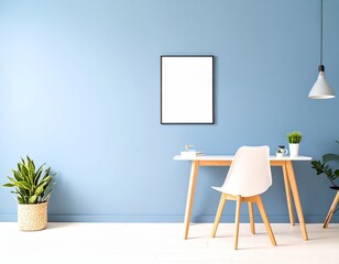 Modern minimalist workspace featuring a white desk, chair, blank frame, and houseplants against a pastel blue wall.
