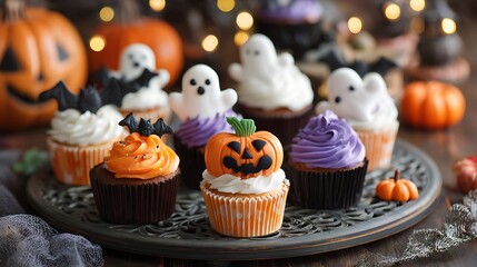 Cute Halloween sweets cupcakes with pumpkin toppers ghost decorations and bats on table colorful spooky vibe