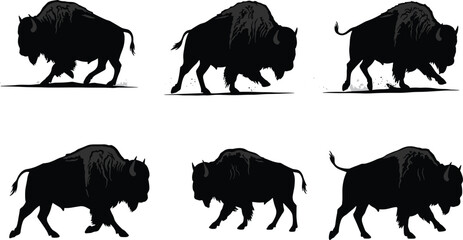 Silhouette collection of wild bison animals in black vector style, isolated buffalo shapes for wildlife, nature, decoration, logo, design