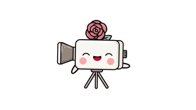 Cartoon camera with rose animated illustration on white background