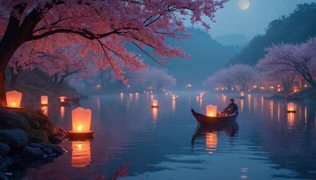 Mystical photo depicts lanterns floating on a lake. Man sails a boat surrounded by blossoms. Calm water reflects lights at night. Romantic asian landscape.