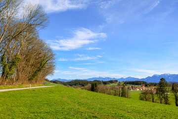 Road near Böbing in the district of Weilheim-Schongau in Bavaria on a sunny spring day with a blue sky