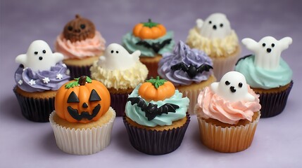 Halloween inspired cupcakes decorated with pastel icing pumpkins bats and ghosts playful spooky cute design