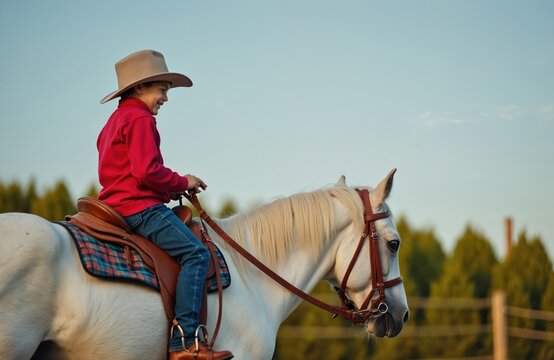 Young boy smiles, learns to ride white horse outdoors. Kid wears cowboy hat, red shirt, jeans on saddle. Child enjoys horseback riding activity on country farm, a happy outdoor moment in sun.