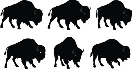 Silhouette collection of wild bison animals in black vector style, isolated buffalo shapes for wildlife, nature, decoration, logo, design