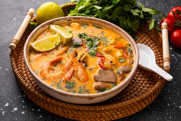 Thai traditional Tom Yam soup with shrimp in a bowl