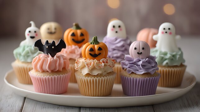 Cupcakes decorated for Halloween pumpkins bats and ghost toppers colorful pastel spooky cute atmosphere