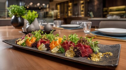Obraz premium Exquisite Culinary Delights: A tantalizing platter presents an artistic assortment of sushi, meticulously arranged with vibrant ingredients. The scene exudes elegance and culinary artistry.