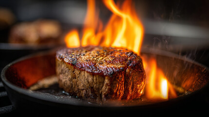 A perfectly seared steak in a cast iron skillet engulfed in flames with a dark blurred background