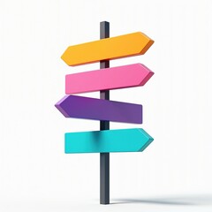 Colorful signpost illustration on white. Shows multiple direction options. Sign four arrow shaped signboards with different colors. Metaphor for choices guidance. Visual for decision making in