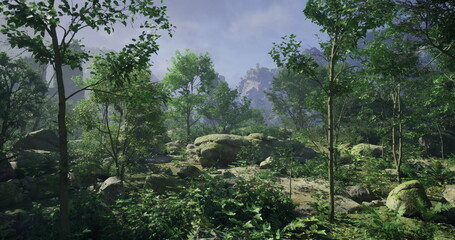 Sunlight filters through tall trees in a vibrant forest, illuminating moss covered rocks and dense undergrowth. The tranquil setting invites exploration and adventure.