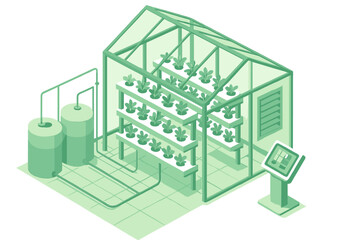 Modern hydroponic vertical farm greenhouse with automated plant cultivation system