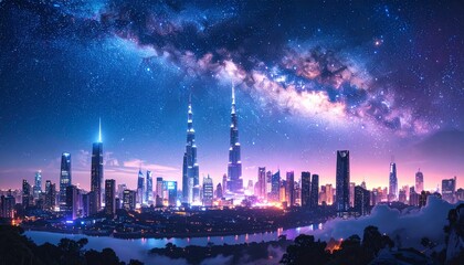 Surreal panoramic cityscape at night with shimmering futuristic skyscrapers under a vast cosmic sky filled with glowing stars and nebula clouds. The architecture blends sleek modern towers with retro.