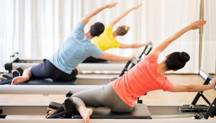 Group of people exercising on pilates reformer machines in a studio setting.