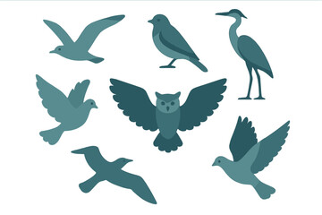 Stylized collection of various bird species including doves, gulls, an owl, and a heron