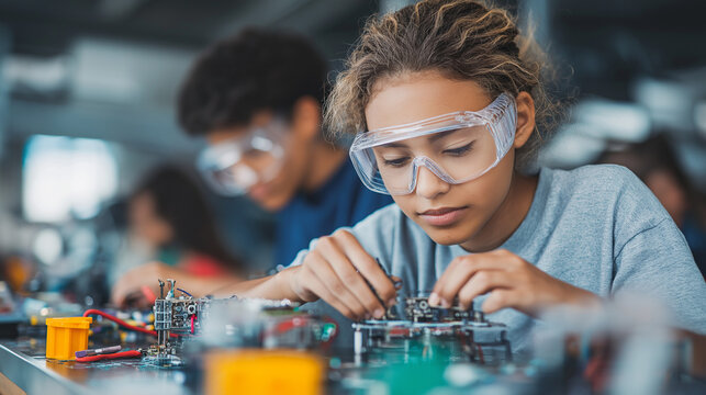 Student building electronic circuit in STEM classroom.