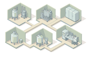 Isometric view of a modern industrial facility with interconnected processing units and control room