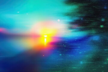 Abstract colorful background with bright light reflection in blue, turquoise, yellow, and orange tones. Soft motion blur effect creating dreamy futuristic glowing atmosphere.