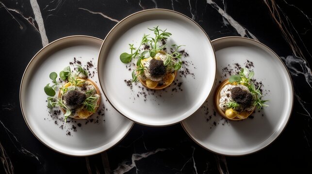 Gastronomic Delight: Three impeccably presented plates of gourmet food, meticulously arranged with a focus on culinary excellence and refined dining.