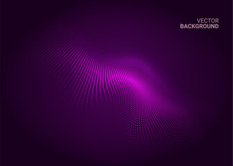 Abstract purple wave of glowing particles on dark background with dynamic flowing dots and futuristic digital motion effect
