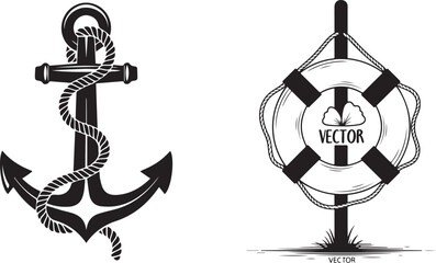 Classic Nautical Anchor and Lifebuoy Monochrome Illustrations
