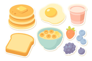 Collection of popular breakfast foods including pancakes, eggs, cereal, and fresh berries