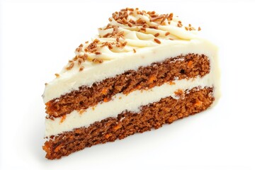 Carrot Cake Slice with Cream Cheese Frosting on White Background.