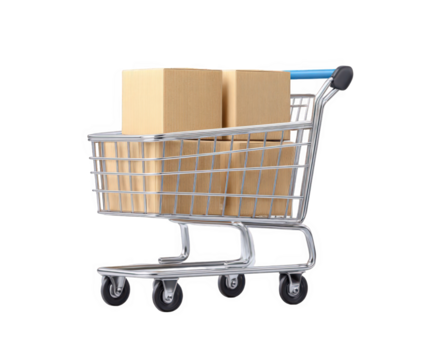 A metal shopping cart filled with cardboard boxes, isolated on a transparent background, representing online shopping and delivery services