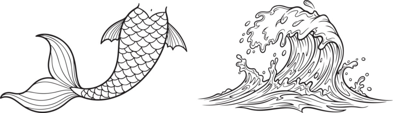 Line Art Illustration of a Mermaid Tail and a Crashing Ocean Wave