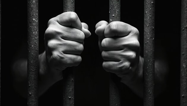 Close-up on fists clutching metal prison bars. Black and white image evokes themes of captivity and confinement. Symbol of restriction, struggle and fight for justice in incarceration in law system.