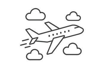 Airplane travel line icon. Plane flying in sky with clouds. Vector symbol for airline, holiday, vacation, tourism, business flight. Air transport journey concept illustration.
