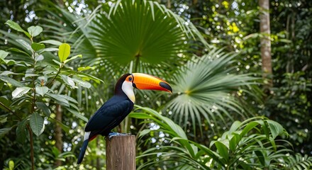 Naklejka premium A toucan perches on a wooden post amidst lush tropical foliage, showcasing vibrant colors against a backdrop of green leaves.
