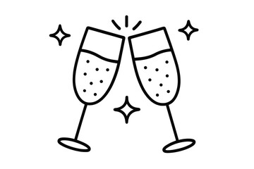 Champagne toast cheers icon. Vector party illustration. Thin flat outline trendy drink design. Clinking glasses with sparkling wine for celebration, new year, wedding, success.