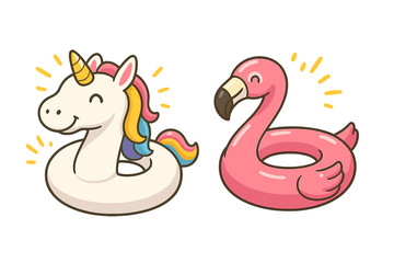 Fototapeta premium Cheerful unicorn and flamingo inflatable rings. Cute cartoon summer pool floats for beach party. Vector set of happy animal swim toys. Fantasy and tropical bird illustration.