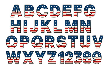 USA flag font alphabet and numbers vector set. American patriotic letters with stars and stripes. Typography for 4th of July, Independence Day, Memorial Day and national events.