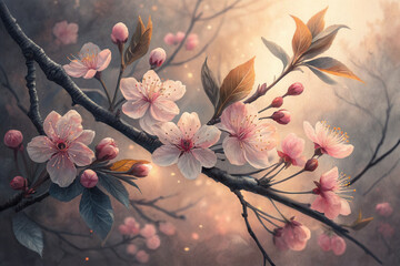 Cherry blossom branch with pink flowers and buds in soft light style