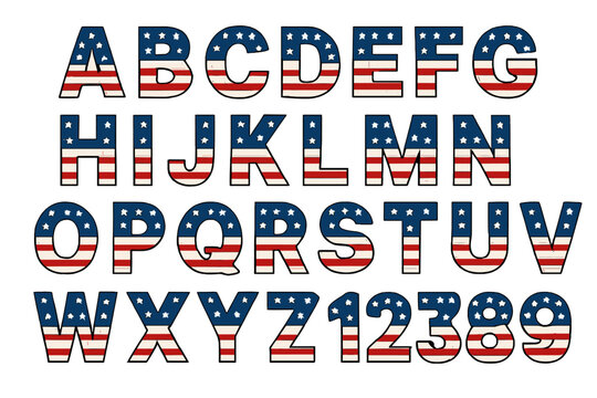 USA flag font alphabet and numbers vector set. American patriotic letters with stars and stripes. Typography for 4th of July, Independence Day, Memorial Day and national events. - Powered by Adobe