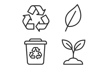 Recycle icon set. Eco friendly, biodegradable and sustainable concept. Thin line vector illustration of leaf, plant sprout, and trash bin for waste sorting and zero waste.