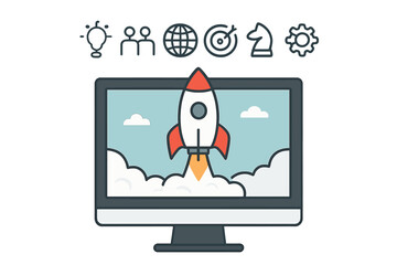Business startup launch concept with rocket on computer. Vector banner with icons for new project, creative strategy, teamwork, goals, and successful development.