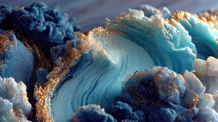Oceanic Sculpt: A breathtaking close-up shot of the ocean, the waves crash and curl, their crests adorned with a touch of sparkling gold, the color of sea water, evoking tranquility and awe.
