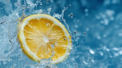 Splash of sliced lemon with water drops over blue background