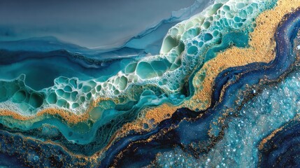 Ocean Abstract Painting: An artistic painting depicting a vibrant, dynamic ocean scene with flowing turquoise, gold, and deep blues. Capturing the essence of fluid movement.